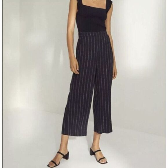 Aritzia Wilfred Faun Pants Sz Small Blue Striped Wide Leg Cropped Trousers FLAW - Picture 1 of 8